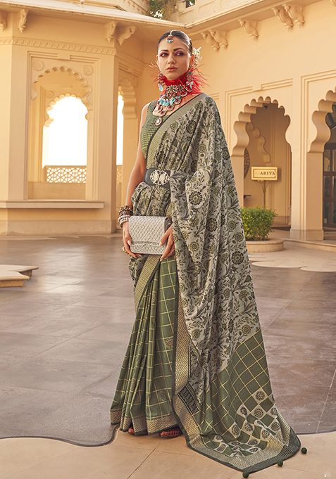 Green Woven Printed Polyester Viscose Silk Saree Set