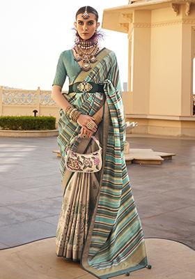 Green Woven Printed Polyester Viscose Silk Saree Set