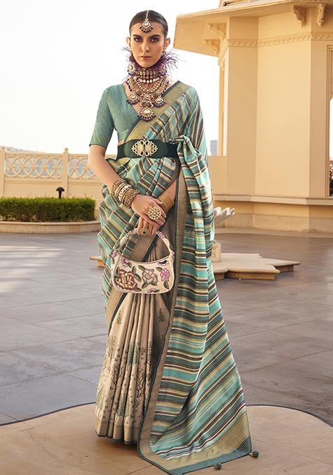 Green Woven Printed Polyester Viscose Silk Saree Set