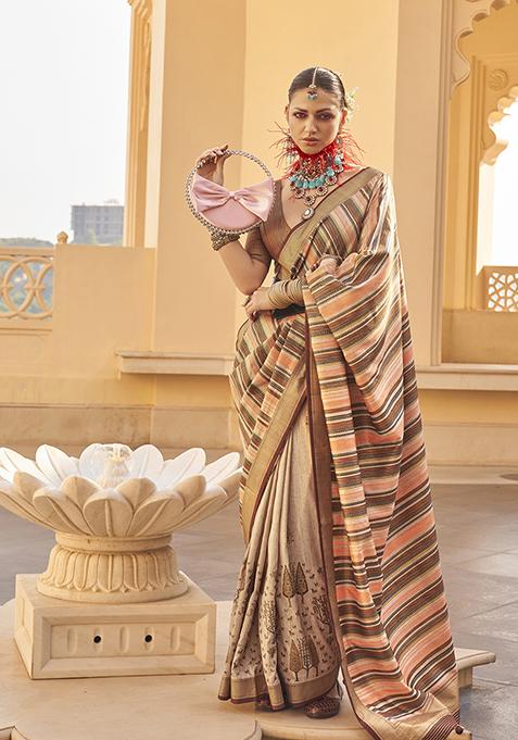 Beige Woven Printed Polyester Viscose Silk Saree Set