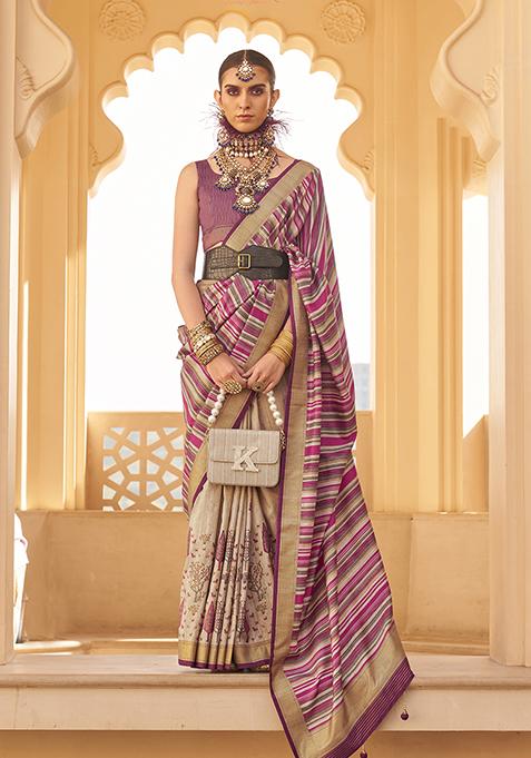 Pink Woven Printed Polyester Viscose Silk Saree Set