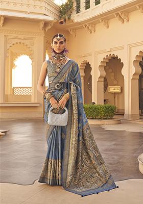 Blue Woven Printed Polyester Viscose Silk Saree Set