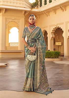 Green Woven Printed Polyester Viscose Silk Saree Set