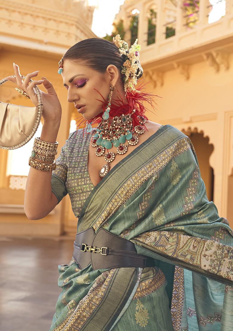 Green Woven Printed Polyester Viscose Silk Saree Set