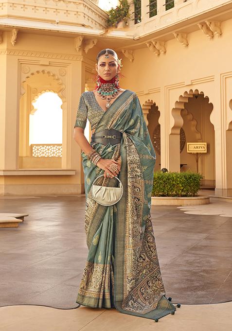 Green Woven Printed Polyester Viscose Silk Saree Set