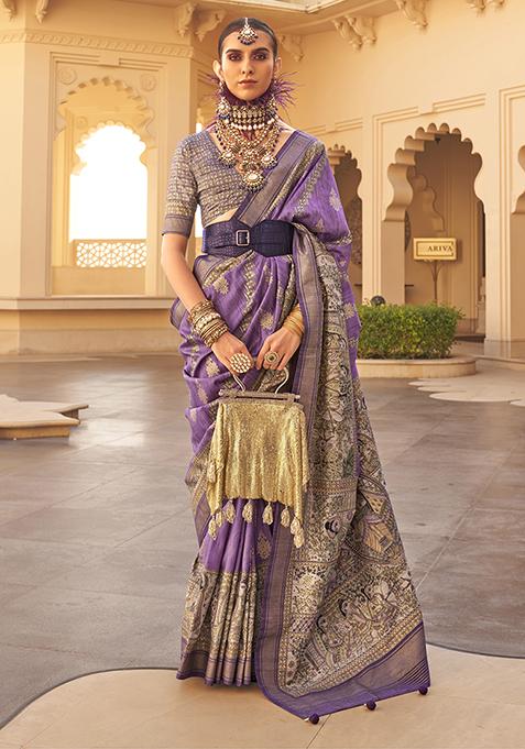 Purple Woven Printed Polyester Viscose Silk Saree Set