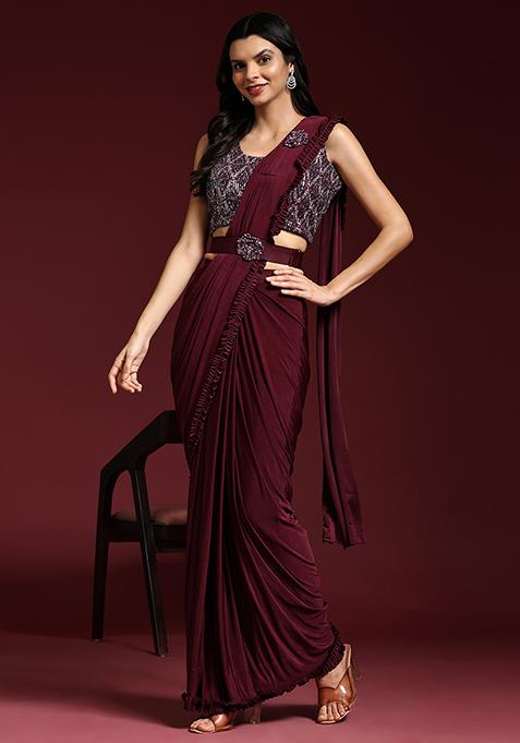 Maroon Sequin Embroidered Lycra Saree Set