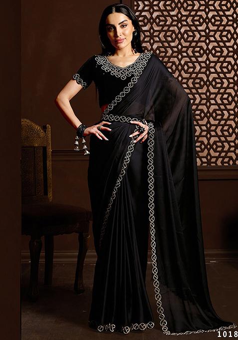 Black Stone Work Satin Chiffon Saree Set