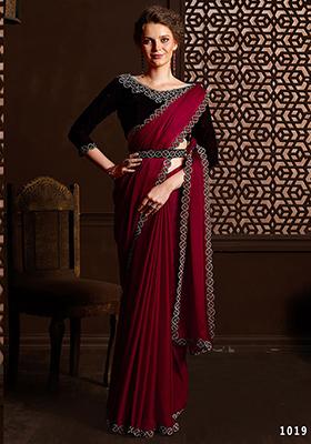 Maroon Stone Work Satin Chiffon Saree Set