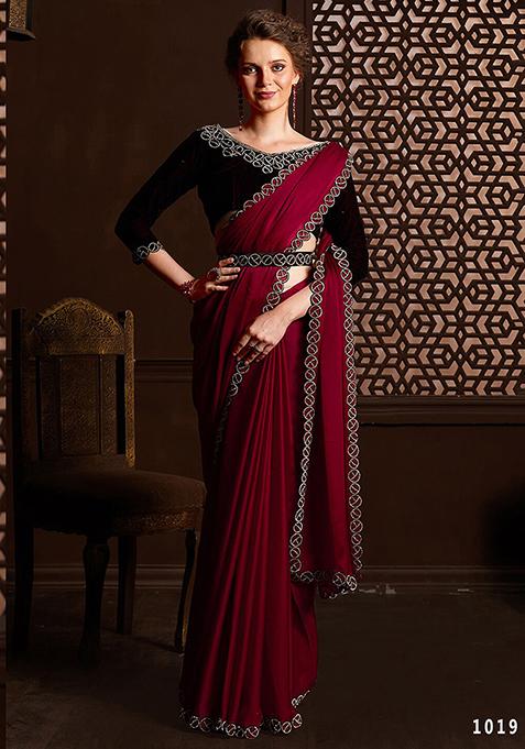 Maroon Stone Work Satin Chiffon Saree Set