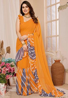 Yellow Printed Georgette Saree Set
