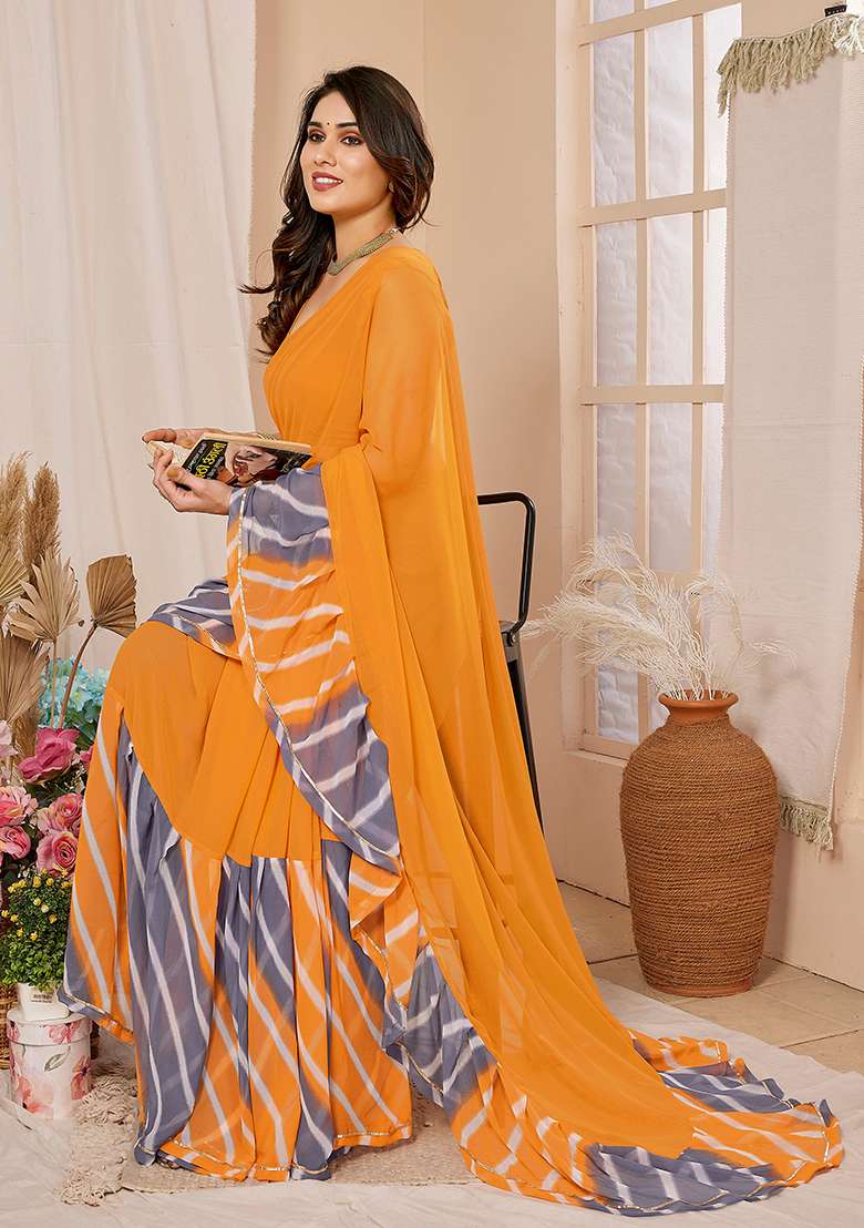 Yellow Printed Georgette Saree Set - Indya