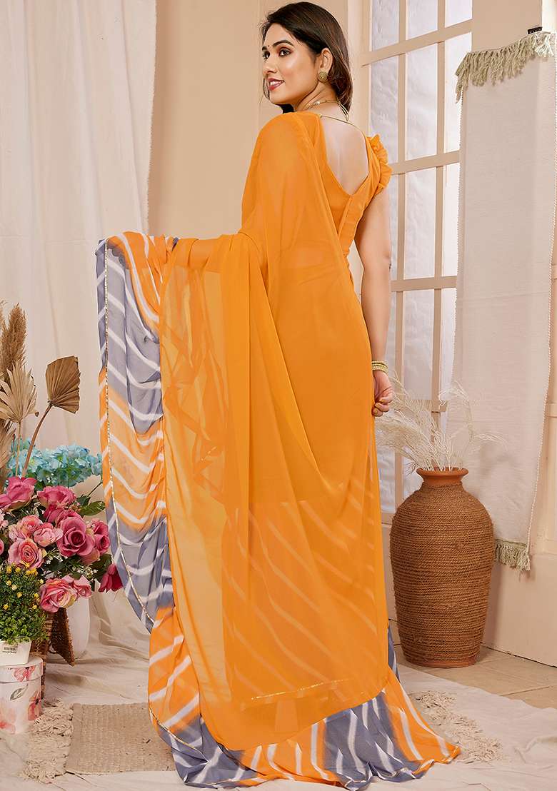 Yellow Printed Georgette Saree Set - Indya