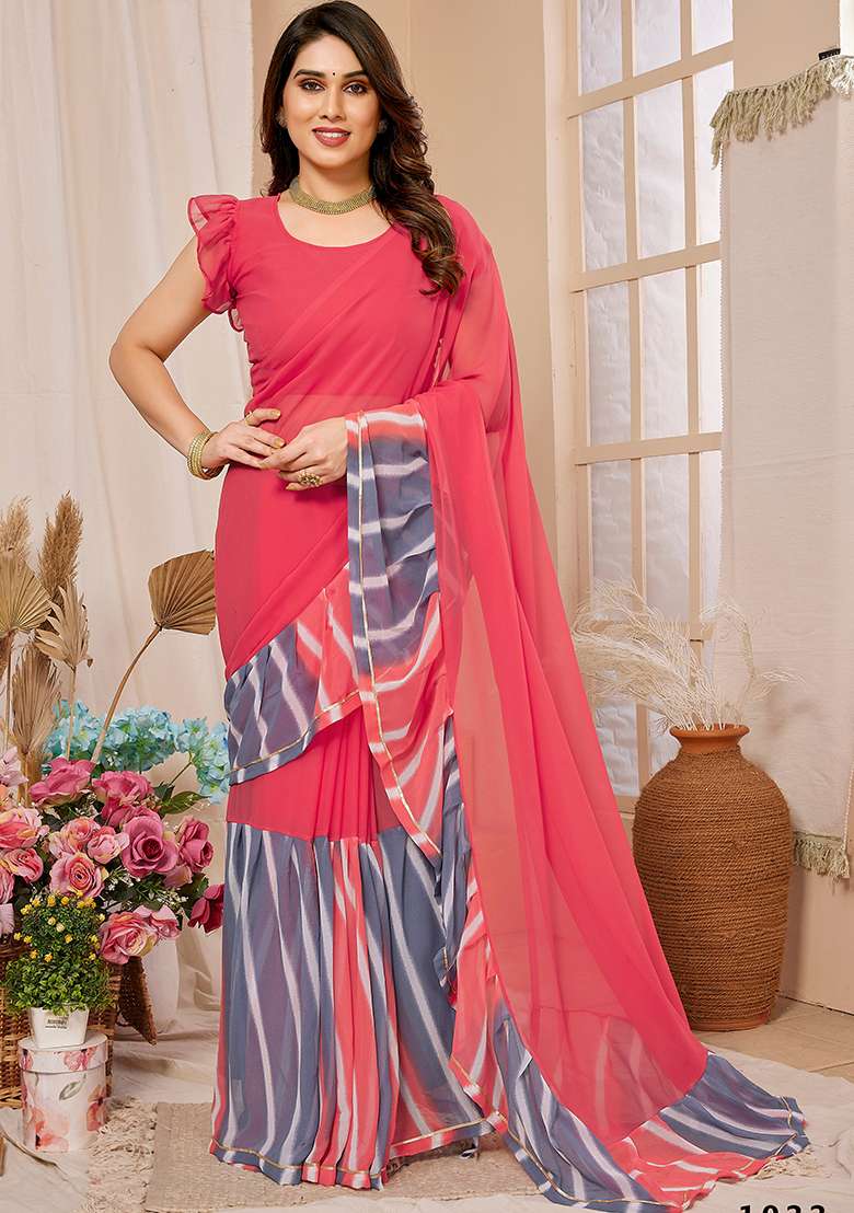 Pink Printed Georgette Saree Set - Indya