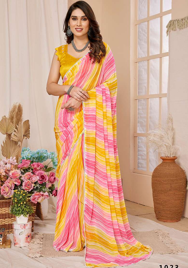 Yellow Printed Georgette Saree Set - Indya