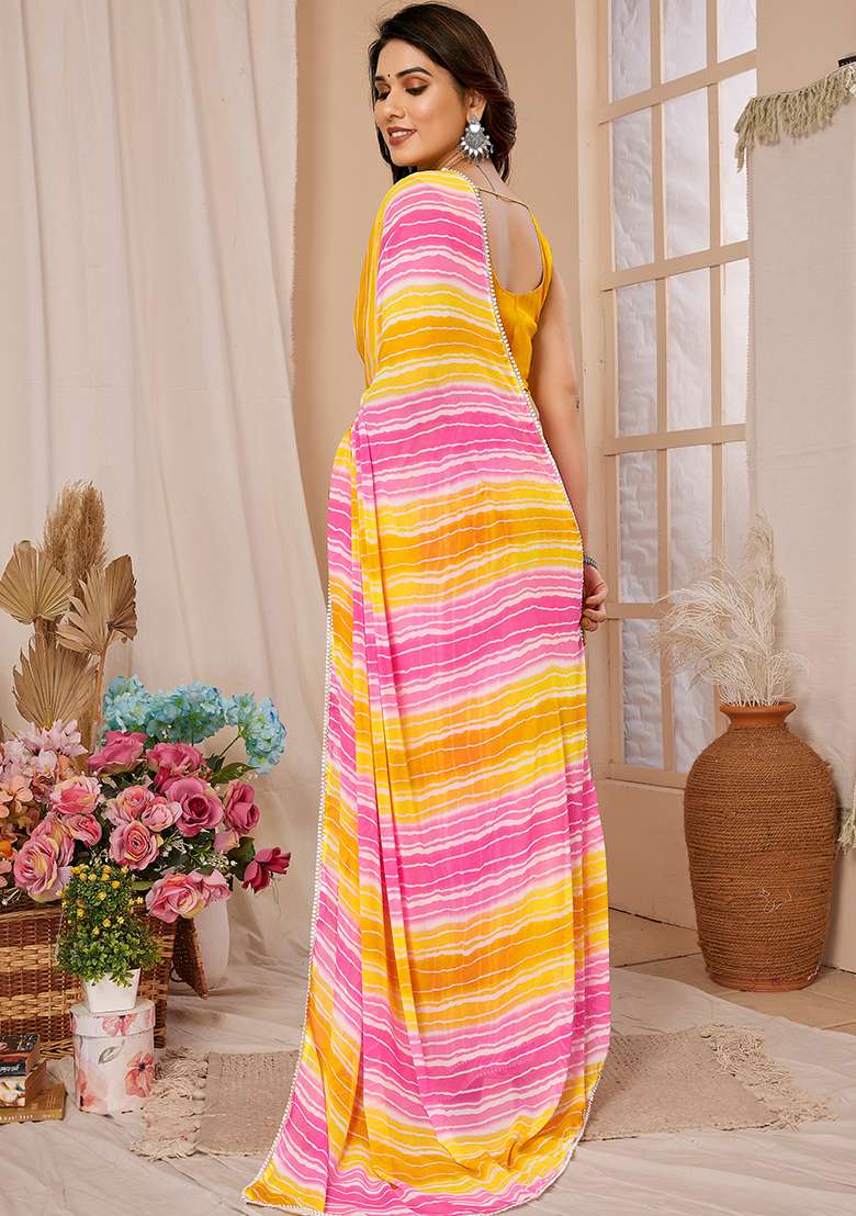 Yellow Printed Georgette Saree Set - Indya