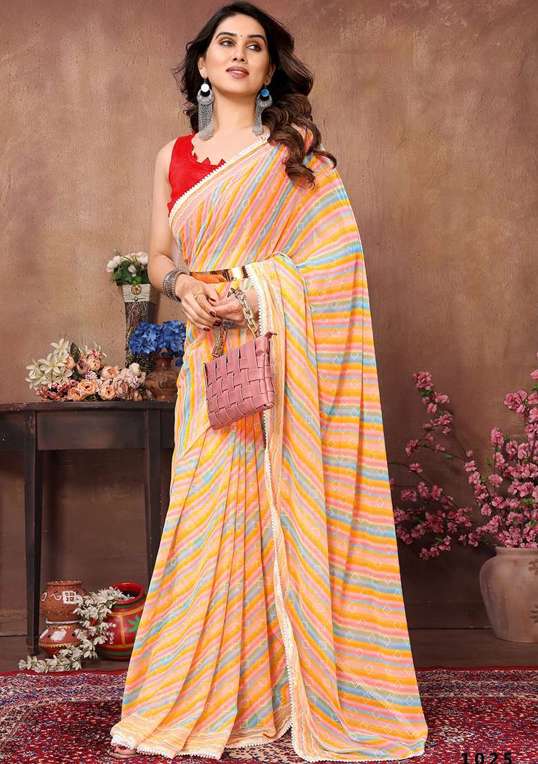 Multicolour Printed Georgette Saree Set - Indya