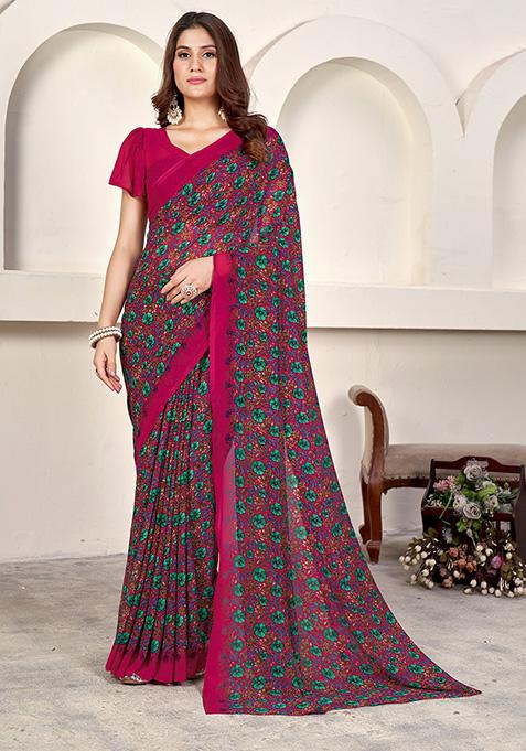 Pink Printed Weight Less Saree Set