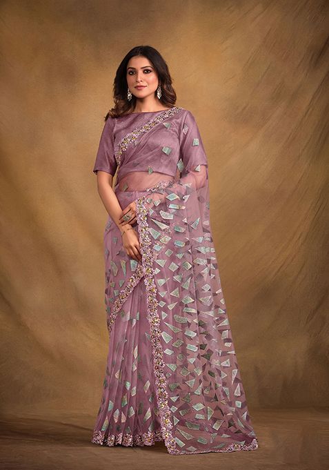 Onion Pink Embroidered Velvet Texture Net Saree Set