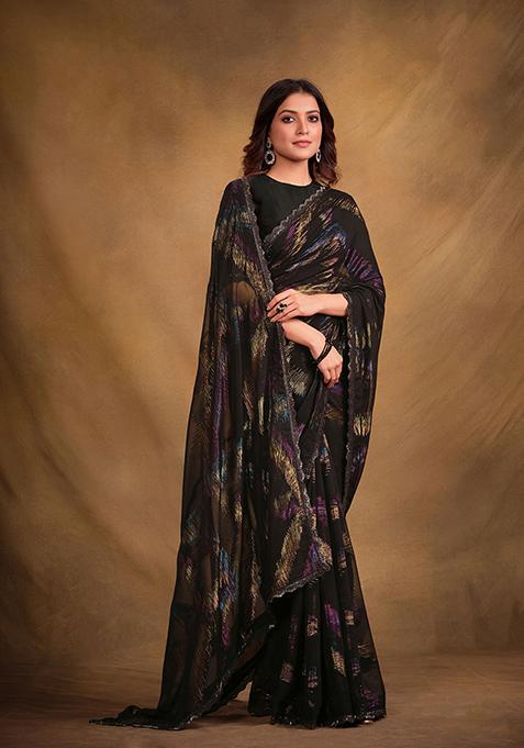 Black Embroidered Zari Jacquard Saree Set