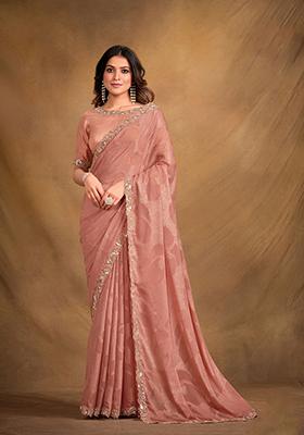 Peach Embroidered Jacquard Georgette Saree Set
