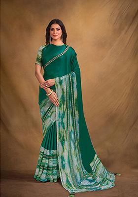 Rama Green Embroidered Satin Crepe Saree Set