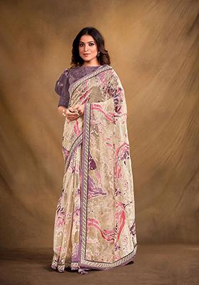 Cream Embroidered Organza Saree Set