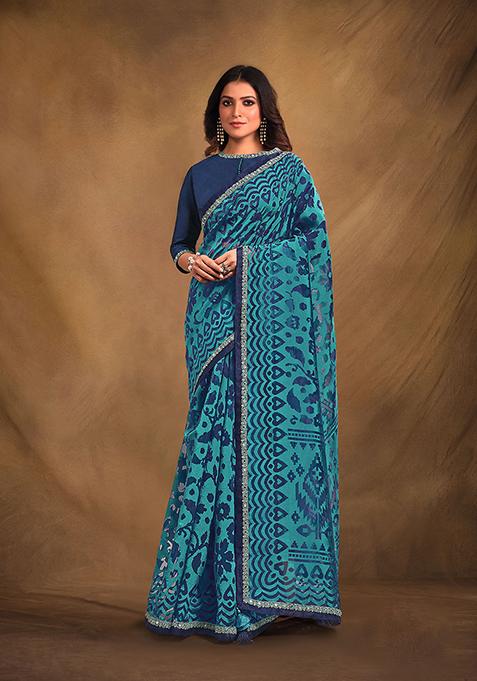 Blue Embroidered Organza Saree Set