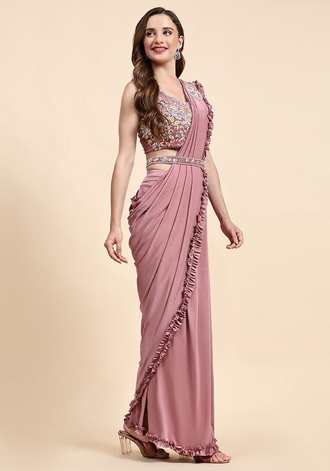 Pink Sequin Embroidered Lycra Saree Set