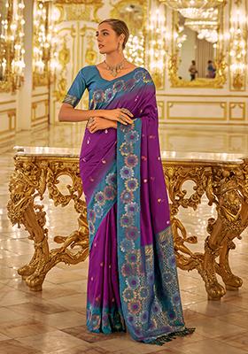 Purple Woven Banarasi Silk Saree Set