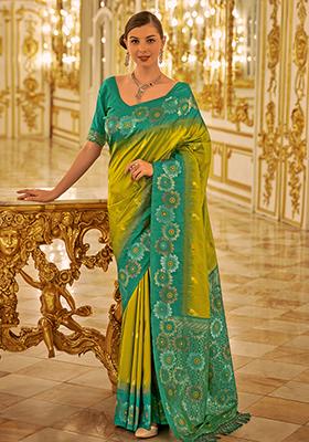 Lemon yellow Woven Banarasi Silk Saree Set