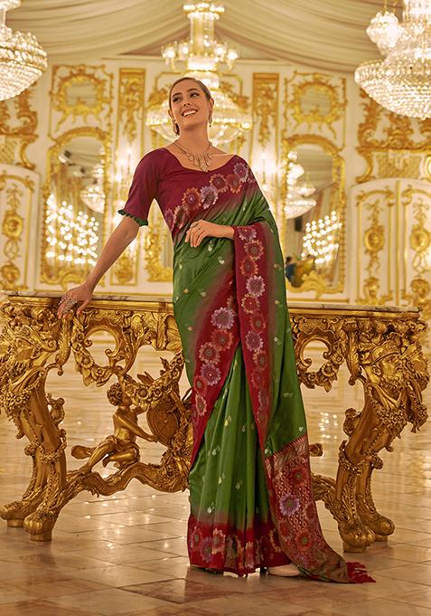 Green Woven Banarasi Silk Saree Set