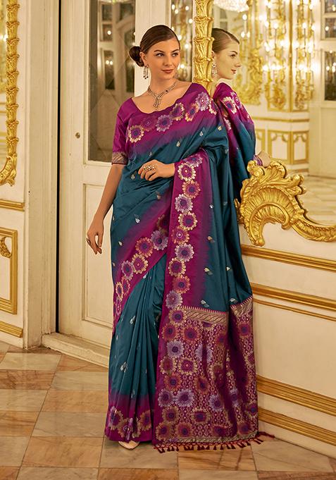 Royal Blue Woven Banarasi Silk Saree Set