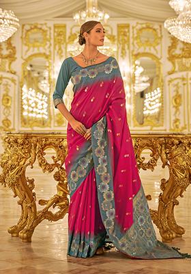 Pink Woven Banarasi Silk Saree Set