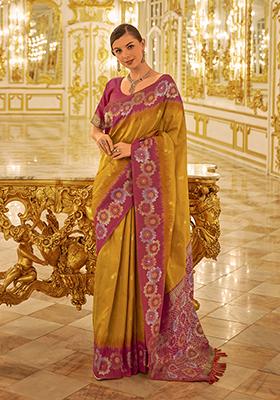 Yellow Woven Banarasi Silk Saree Set