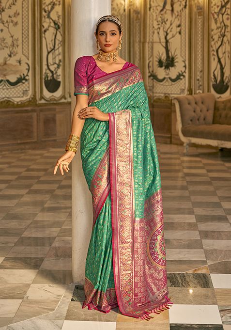 Rama Green Woven Banarasi Silk Saree Set