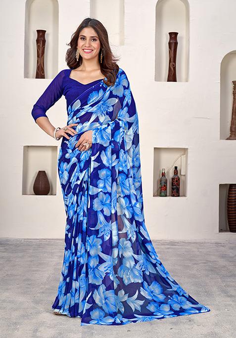 Blue Printed Weight Less Saree Set