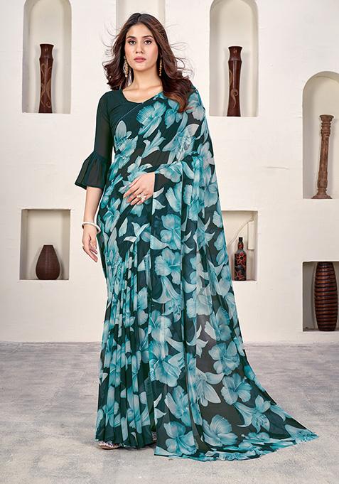 Teal Printed Weight Less Saree Set