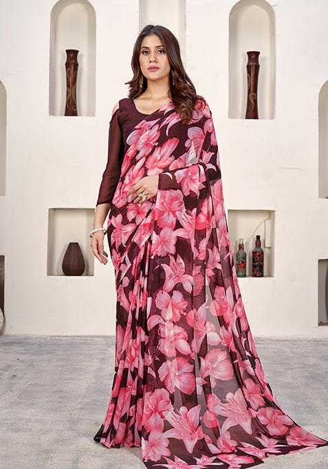 Wine Printed Weight Less Saree Set