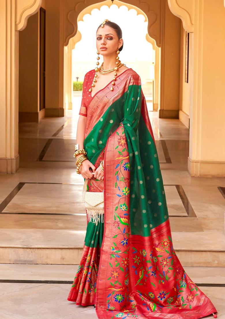 Green And Red Woven Printed Polyester Viscose Silk Saree Set