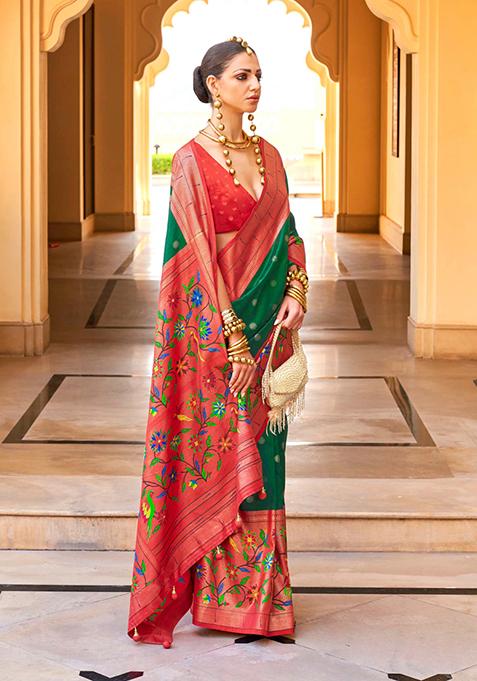 Green And Red Woven Printed Polyester Viscose Silk Saree Set