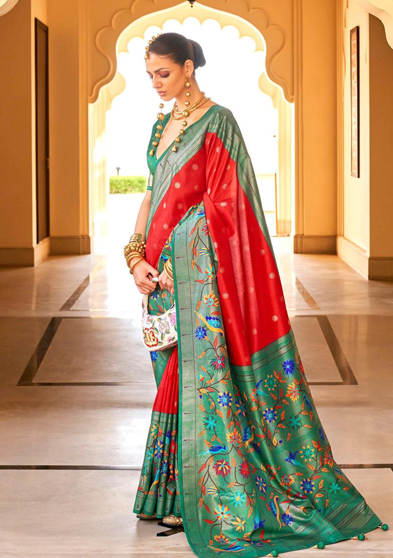 Red And Mint Green Woven Printed Polyester Viscose Silk Saree Set