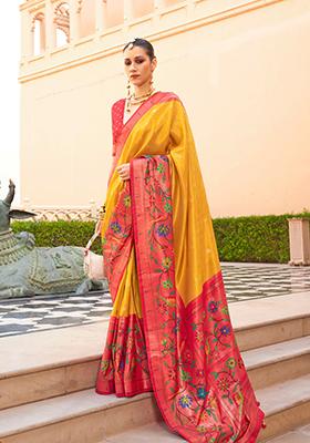 Yellow And Pink Woven Printed Polyester Viscose Silk Saree Set