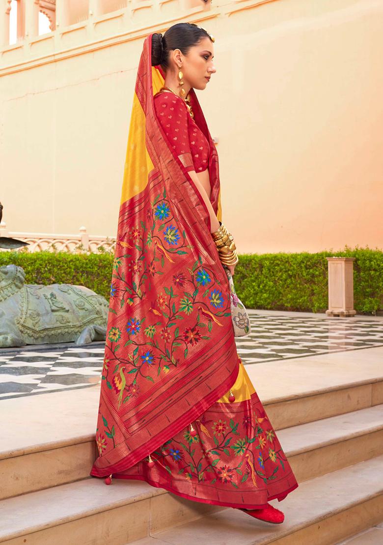 Yellow And Pink Woven Printed Polyester Viscose Silk Saree Set