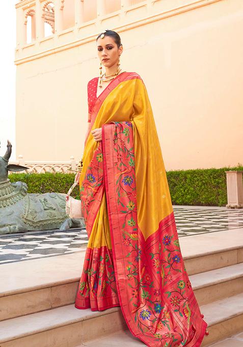 Yellow And Pink Woven Printed Polyester Viscose Silk Saree Set