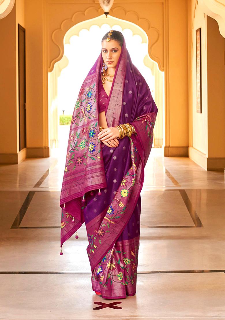 Purple And Pink Woven Printed Polyester Viscose Silk Saree Set