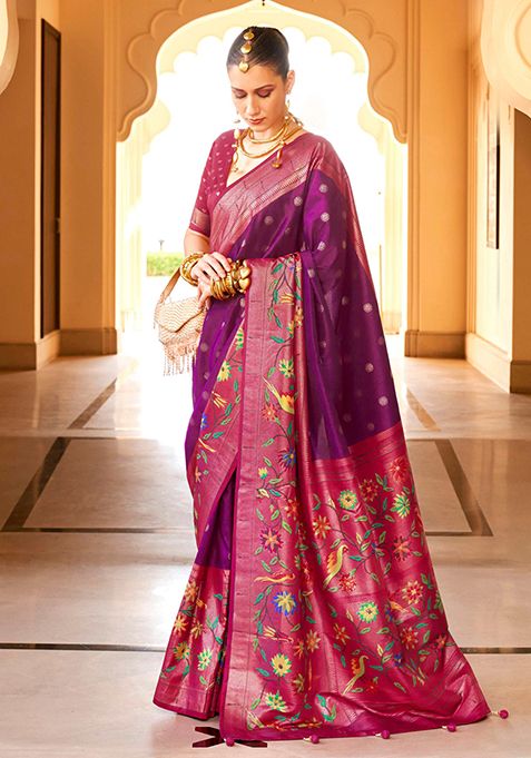 Purple And Pink Woven Printed Polyester Viscose Silk Saree Set