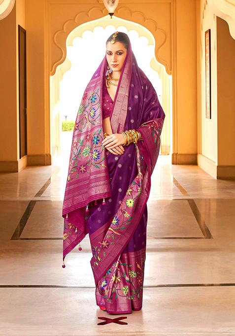 Purple And Pink Woven Printed Polyester Viscose Silk Saree Set