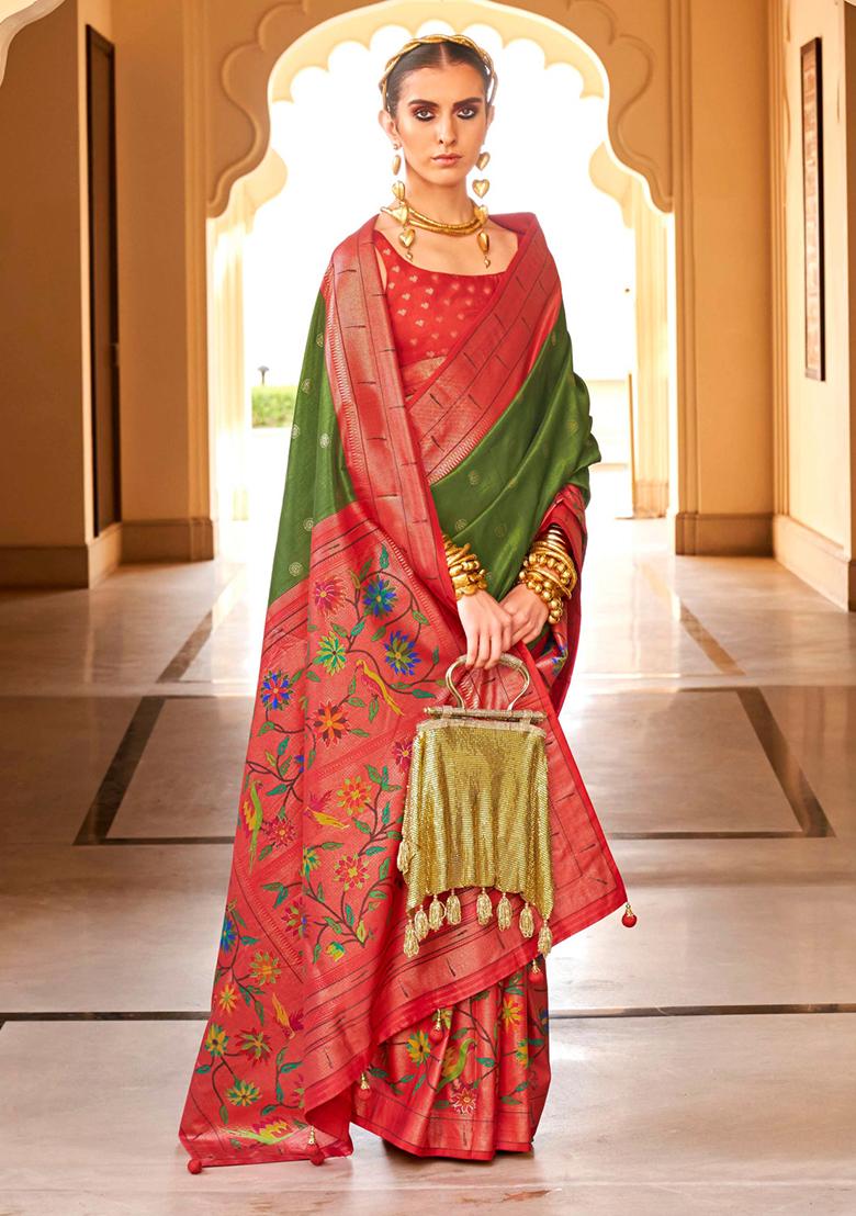 Green And Red Woven Printed Polyester Viscose Silk Saree Set