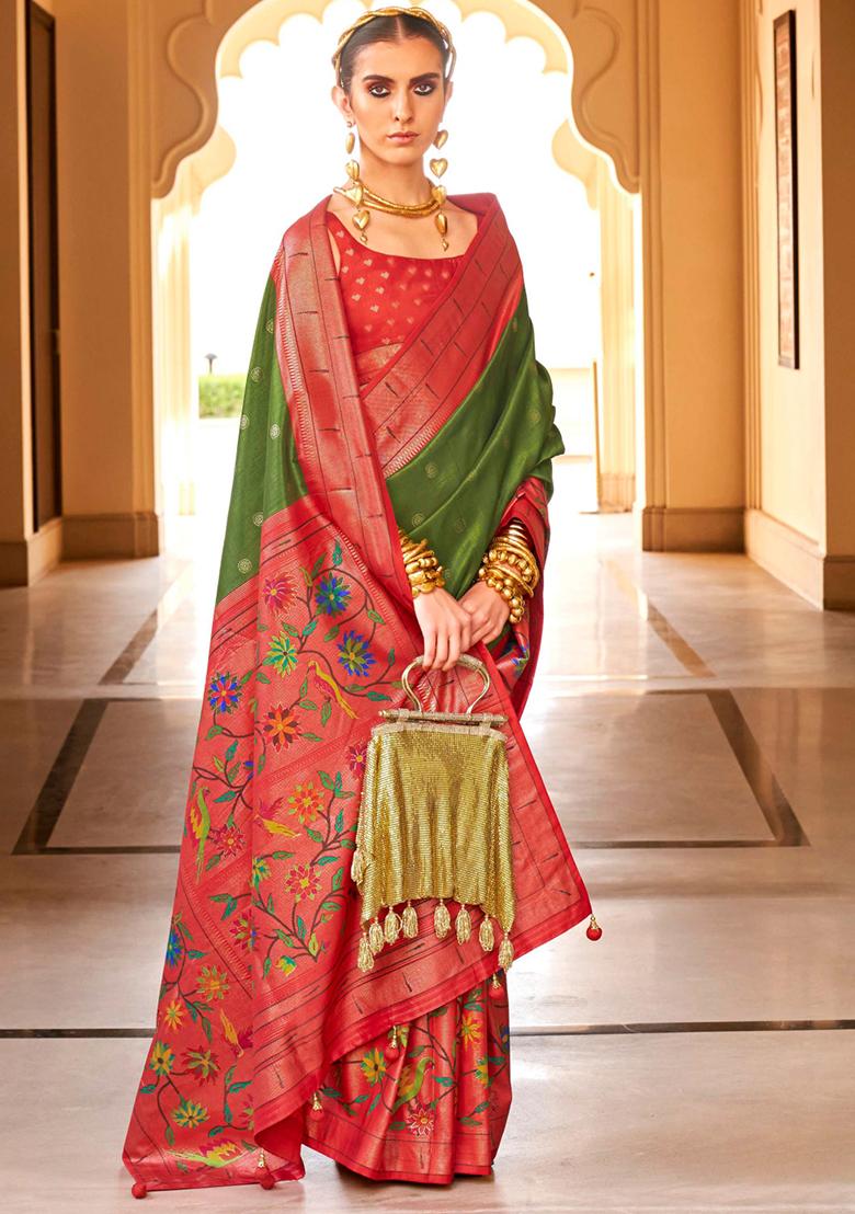 Green And Red Woven Printed Polyester Viscose Silk Saree Set